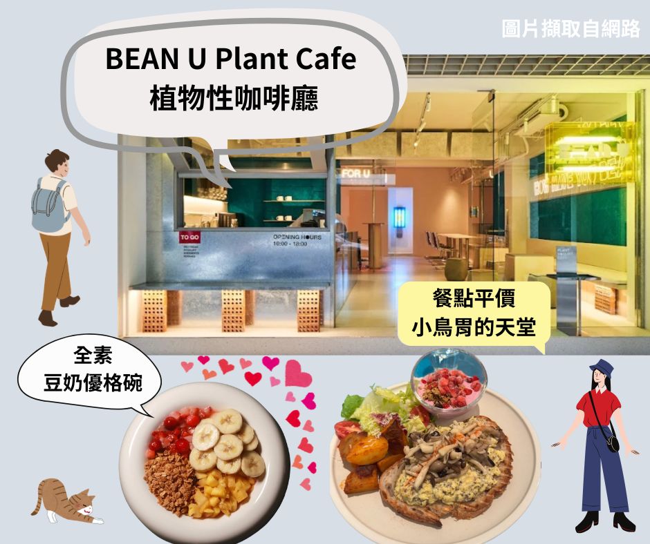 松菸素食推薦行程~BEAN U Plant Cafe 植物性咖啡廳，提供全速的豆奶優格碗、青醬野菇帕尼尼，使用的起司也是純素起司唷