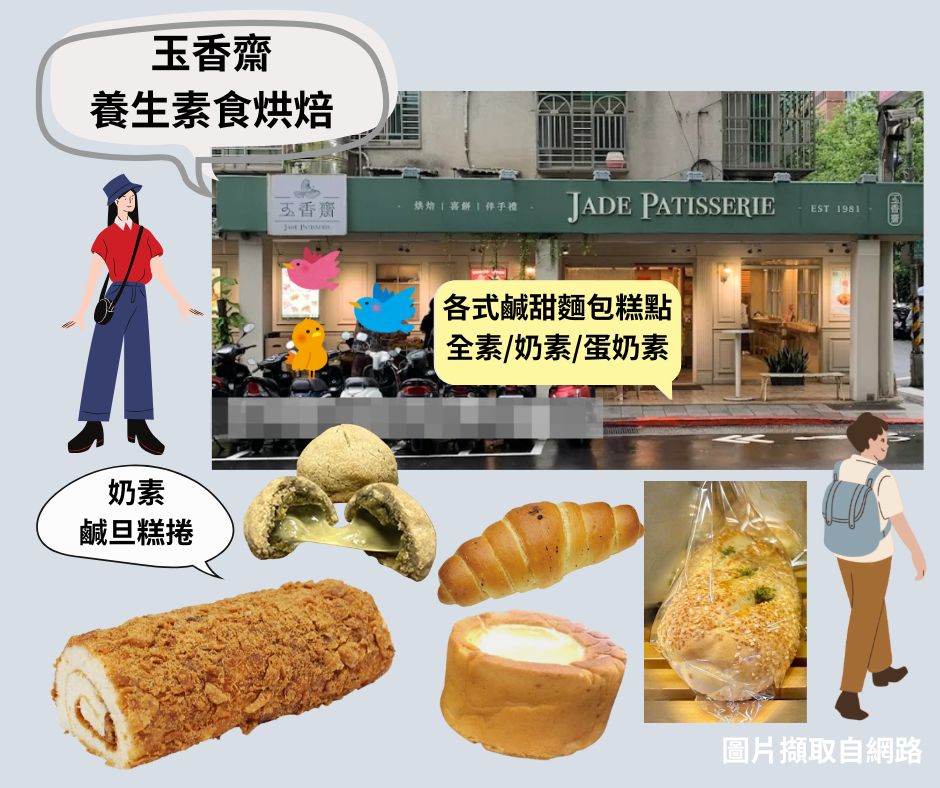 松菸素食推薦行程~玉香齋養生素食烘焙，販售很多素食的鹹甜麵包和蛋糕，有波羅布丁、鹹旦糕捲、鐵觀音Q心酥等